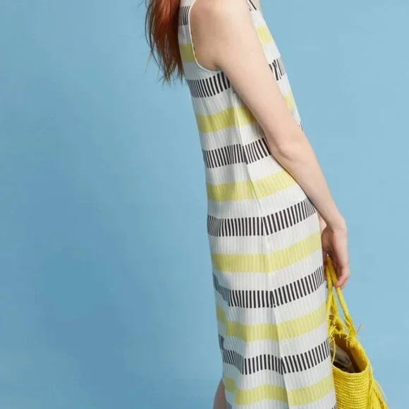 DUSEN DUSEN lock stripe JANE dress L chartreuse+black midi - Picture 2 of 5